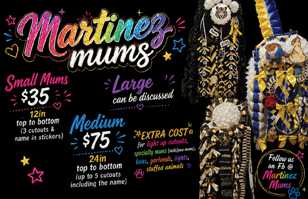 Decorative text and graphics promoting large and medium-sized cutout mums with specialty mums, gold and lights, and stuffed animals in a colorful and playful style. Description generated by AI
