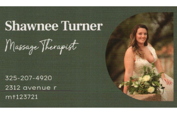 A person with long hair wearing a white dress is smiling and holding a bouquet of flowers next to text displaying the name Shawnee Turner, massage therapist, and contact information. Description generated by AI