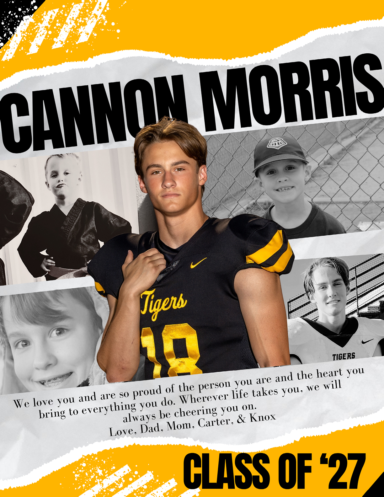 A person in a black and yellow football uniform stands confidently in front of a collage of childhood photos with bold text reading Cannon Morris and Class of 27 along with a heartfelt message from family. Description generated by AI