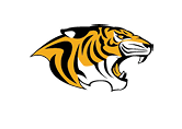 A stylized roaring tiger head in orange, black, and white with sharp teeth and bold stripes on a black background. Description generated by AI