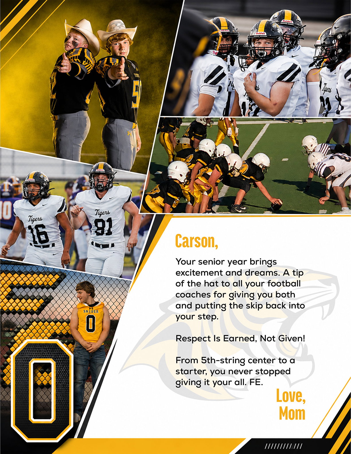 Two people in football uniforms and cowboy hats pose with finger guns, several people in football gear are shown in action on the field, and a message from a parent to their senior football player expressing pride and encouragement is displayed. Description generated by AI