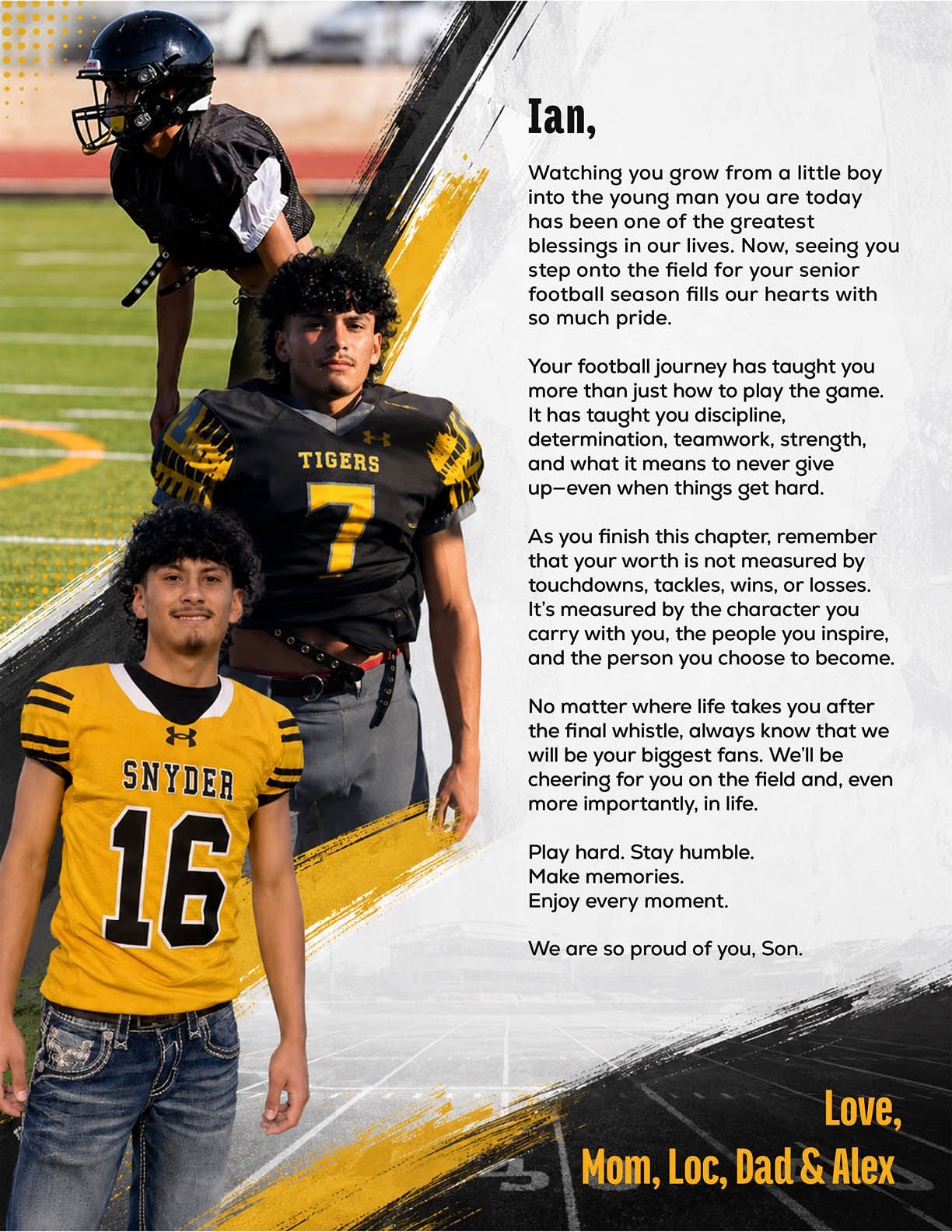 Three people wearing football jerseys pose next to a heartfelt letter expressing pride and encouragement for a senior football player named Ian. Description generated by AI