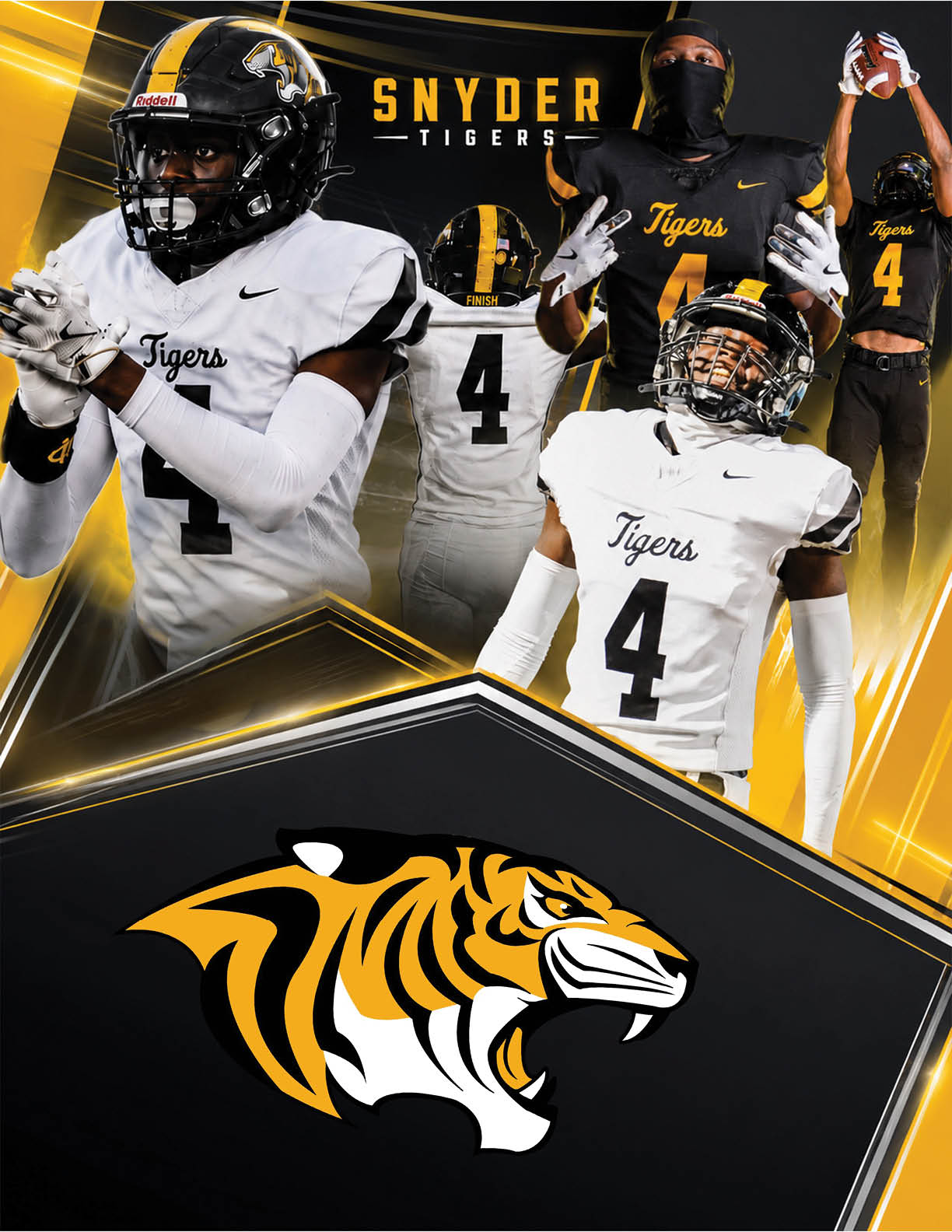 Four people wearing Snyder Tigers football uniforms with the number 4 are shown in various poses above a roaring tiger logo on a black and yellow background. Description generated by AI