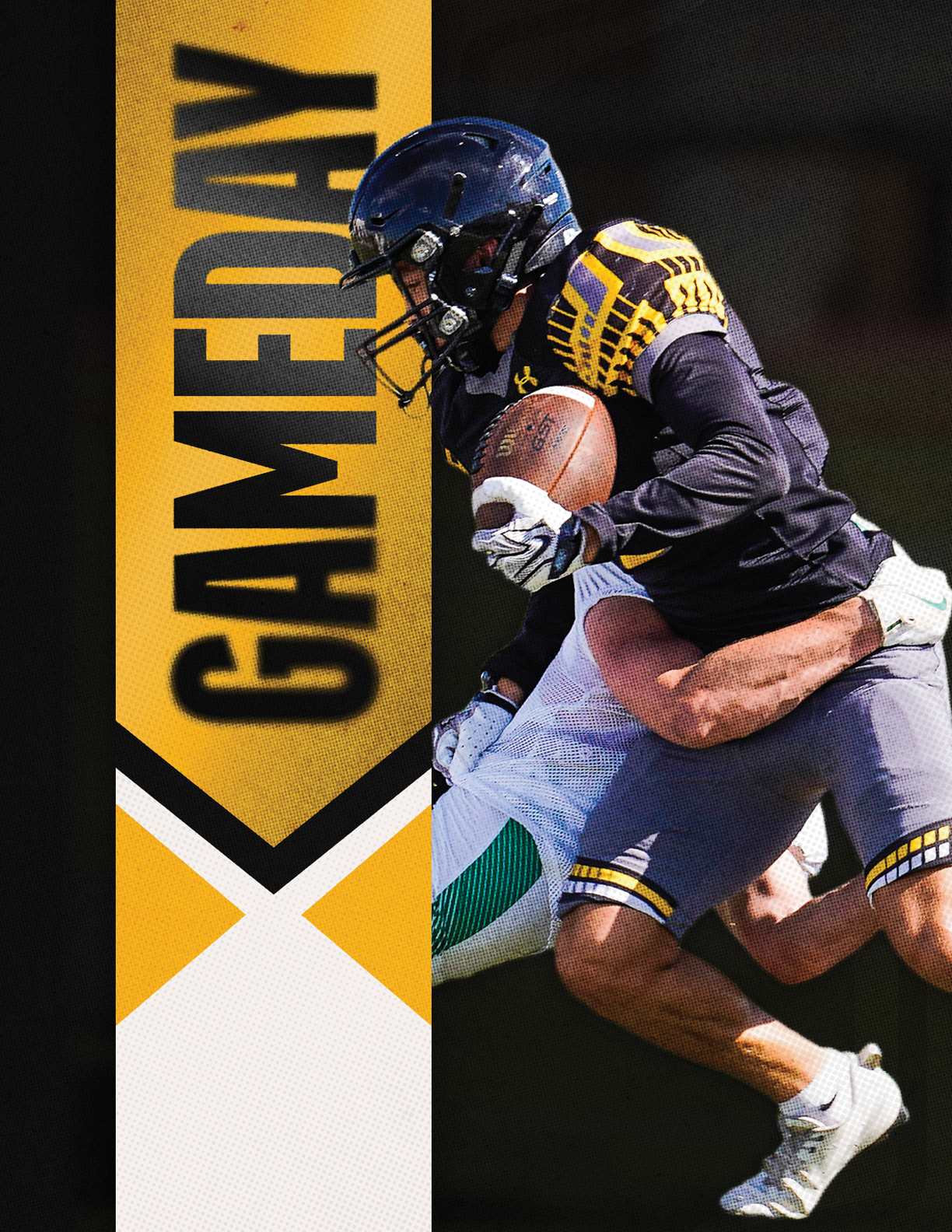 A football player is tackled by another player. Description generated by AI