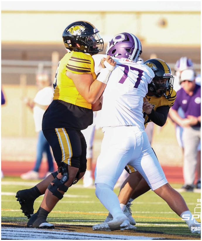 Two people in football uniforms are engaged in a blocking action on a football field during a game. Description generated by AI