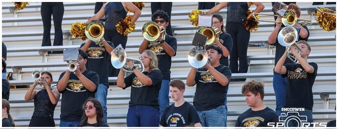 People in matching dark shirts play brass instruments in front of a group of people in sparkly dark outfits holding gold pom-poms on bleachers. Description generated by AI