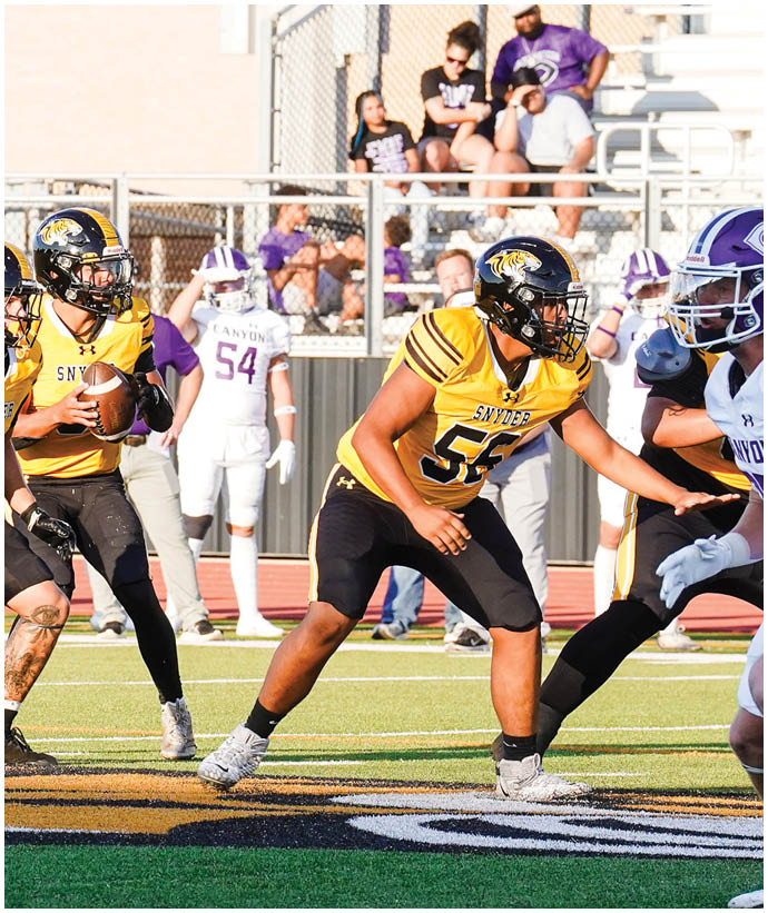 Two people in yellow and black football uniforms are playing against opponents in white and purple uniforms on a football field with spectators in the background. Description generated by AI