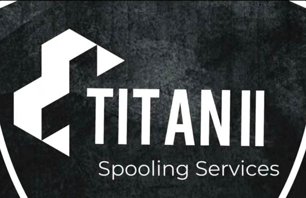 A black shield-shaped logo with a white geometric design and the text “TITAN II Spooling Services" in bold and regular fonts. Description generated by AI