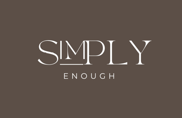 The word “SIMPLE" is displayed in large white letters above the word "ENOUGH" in smaller white letters on a dark brown background. Description generated by AI