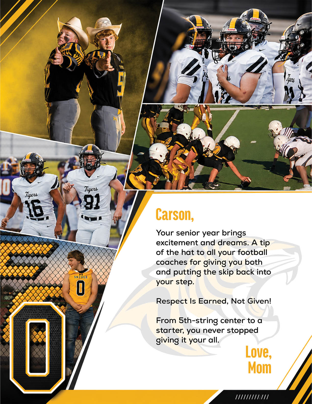Two people in football uniforms and cowboy hats pose with finger guns, several people in football gear are shown in action on the field, and a message from a parent to their senior football player expressing pride and encouragement is displayed. Description generated by AI