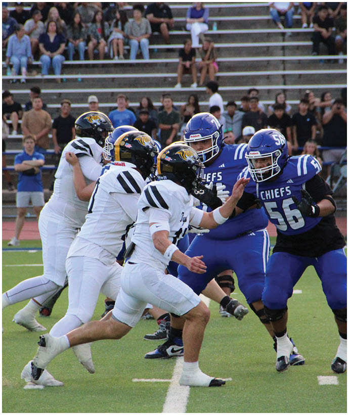 Two people in yellow and black football uniforms are playing against opponents in white and purple uniforms on a football field with spectators in the background. Description generated by AI