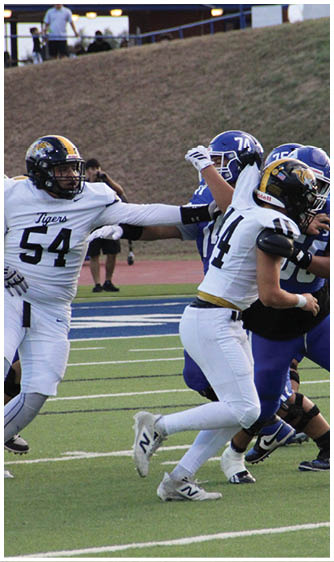 Two people in football uniforms are engaged in a play on a grassy field with blurred spectators and officials in the background. Description generated by AI