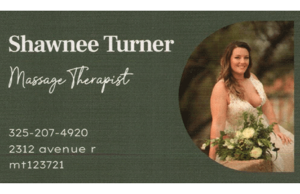 A person with long hair wearing a white dress is smiling and holding a bouquet of flowers next to text displaying the name Shawnee Turner, massage therapist, and contact information. Description generated by AI
