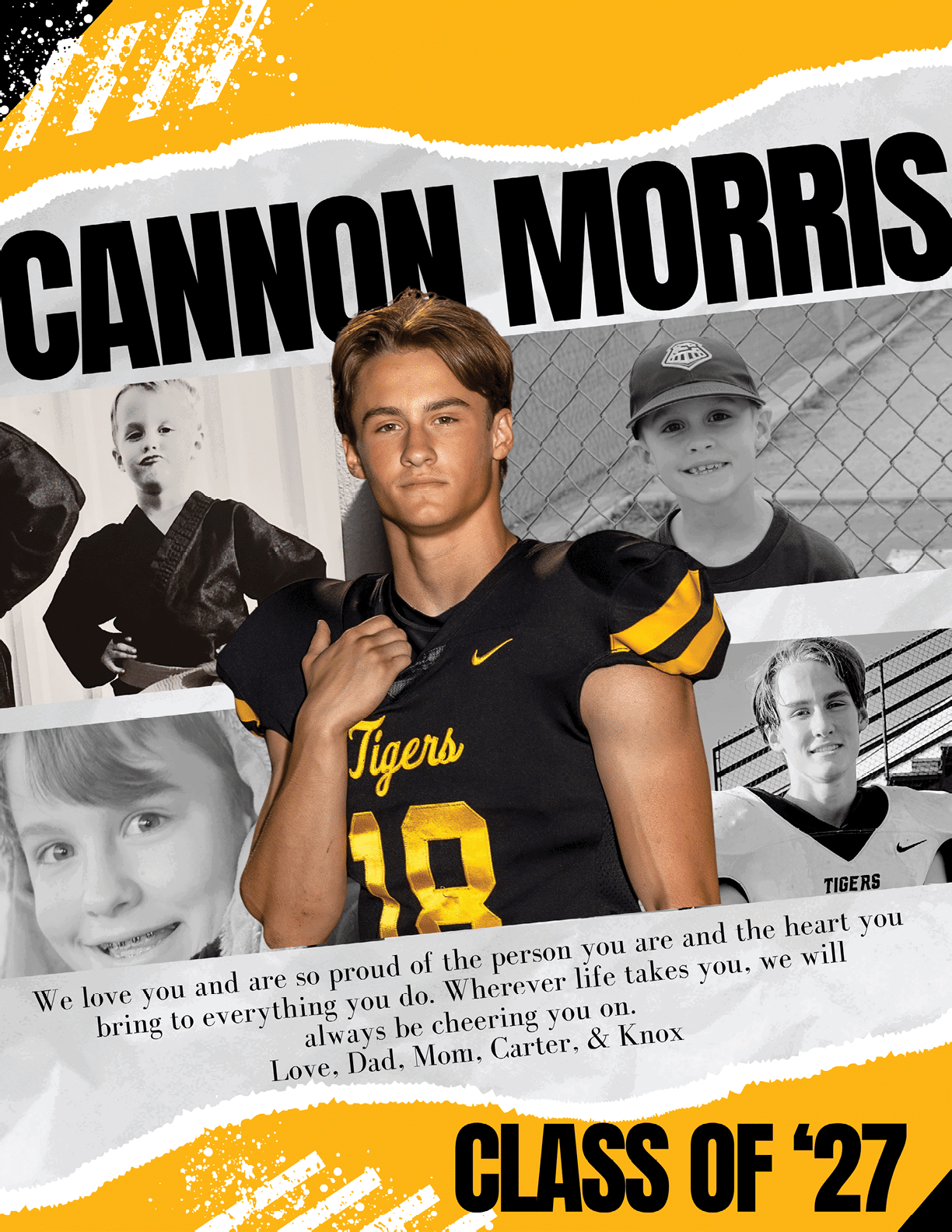 A person in a black and yellow football uniform stands confidently in front of a collage of childhood photos with bold text reading Cannon Morris and Class of 27 along with a heartfelt message from family. Description generated by AI