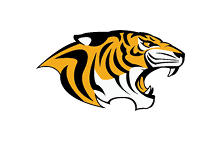 A stylized roaring tiger head in orange, black, and white with sharp teeth and bold stripes on a black background. Description generated by AI