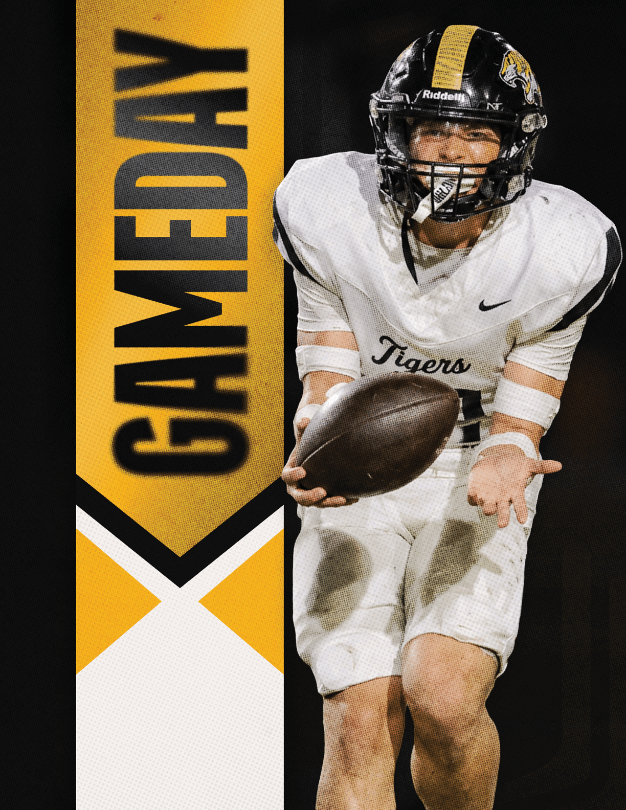 A person in a football uniform holding a football with a focused expression stands next to a vertical banner that reads GAMEDAY in bold letters. Description generated by AI