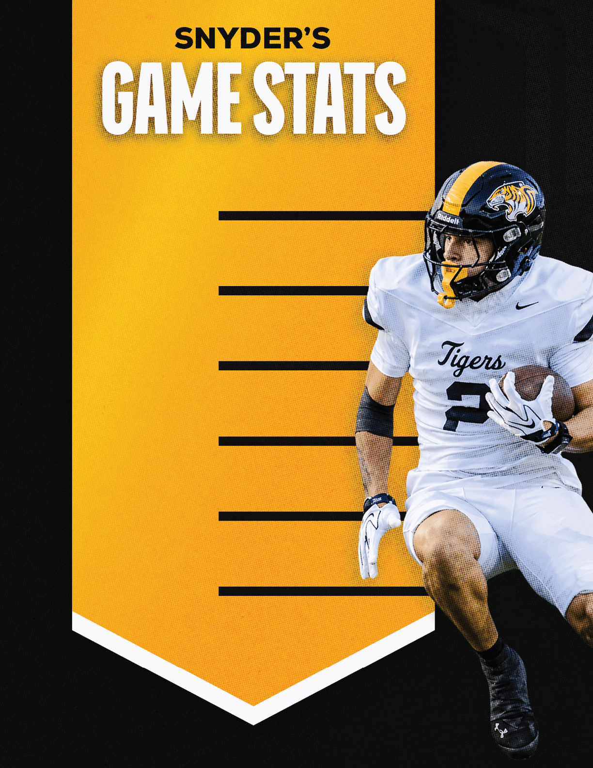 A person in a white football uniform with a helmet is running while holding a football next to a yellow banner that reads Snyder's Game Stats. Description generated by AI