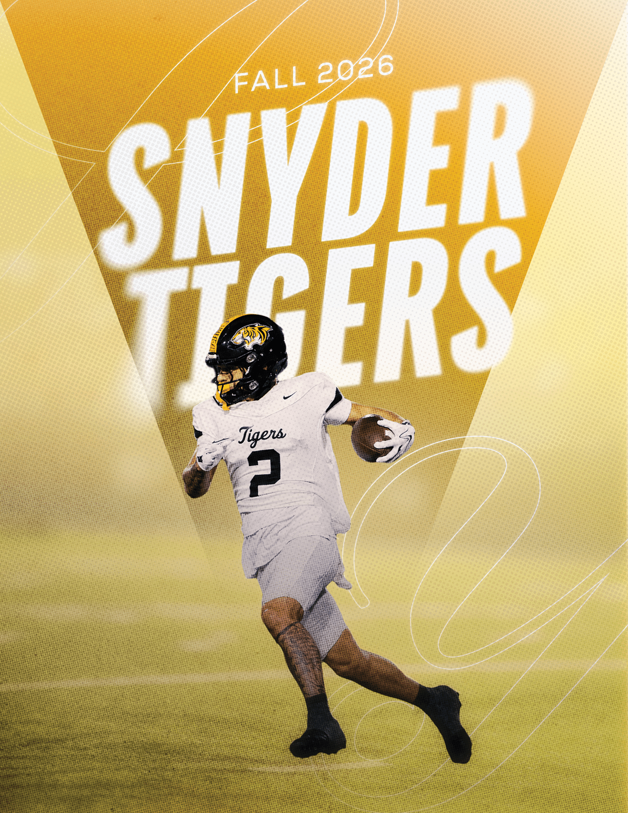 A person wearing a yellow and black football uniform with “SNYDER" on the chest and a black helmet with a yellow stripe is smiling on a football field. Description generated by AI