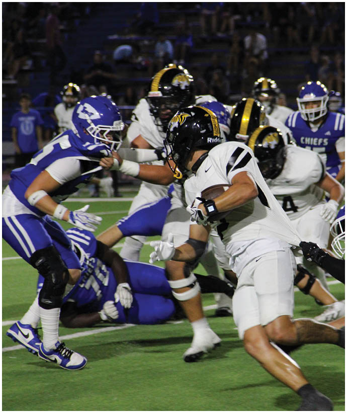 Two people in yellow and black football uniforms are playing against opponents in white and purple uniforms on a football field with spectators in the background. Description generated by AI