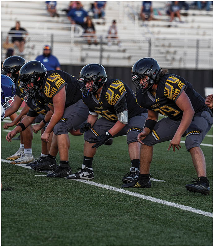 Two people in yellow and black football uniforms are playing against opponents in white and purple uniforms on a football field with spectators in the background. Description generated by AI