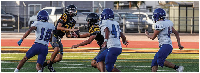 A line of people in yellow and black football uniforms stand side by side on a field with a crowd seated in bleachers behind them. Description generated by AI