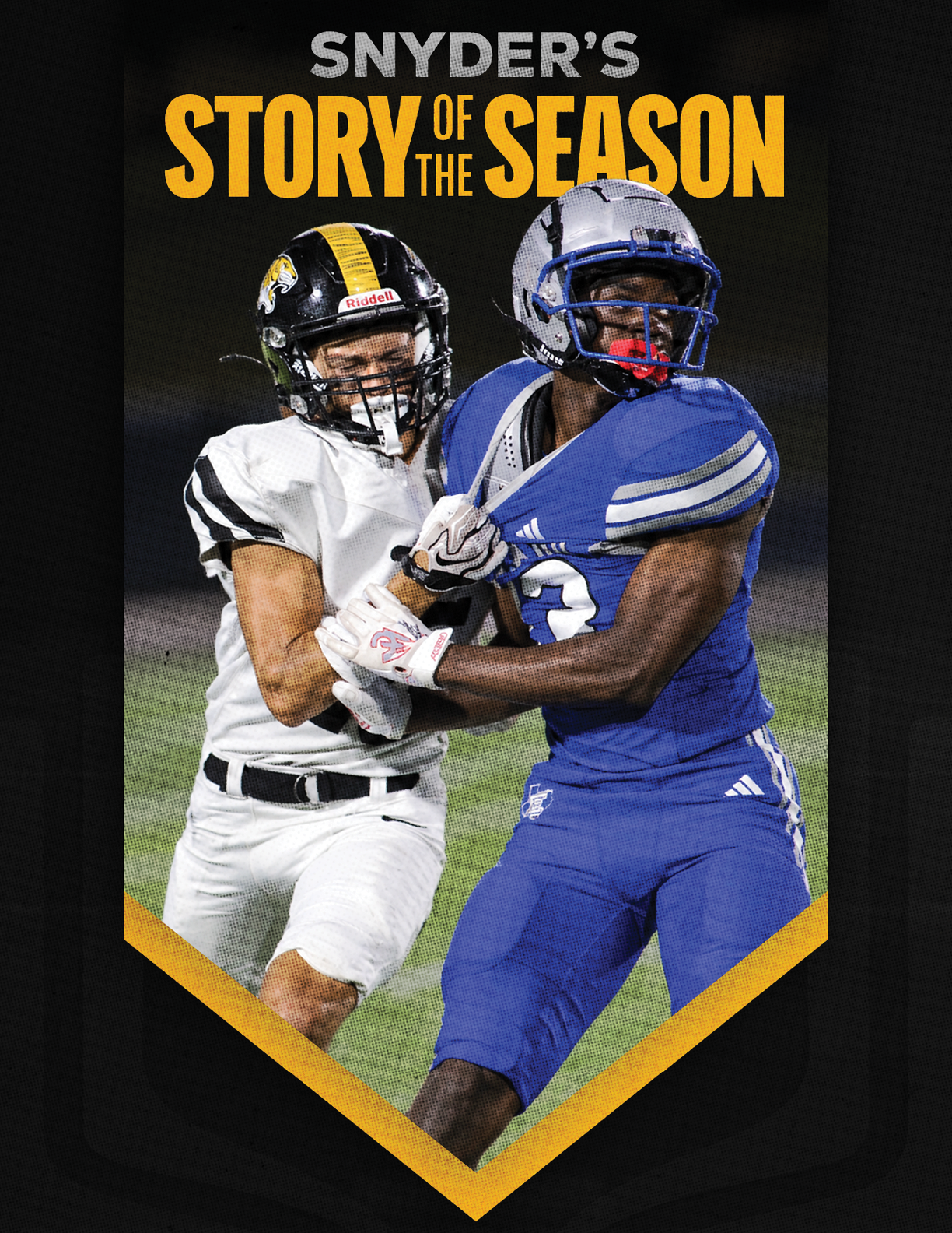 Two athletes in football uniforms are engaged in a play, with one in a blue uniform holding the ball and the other in a white uniform attempting to block or tackle. Description generated by AI