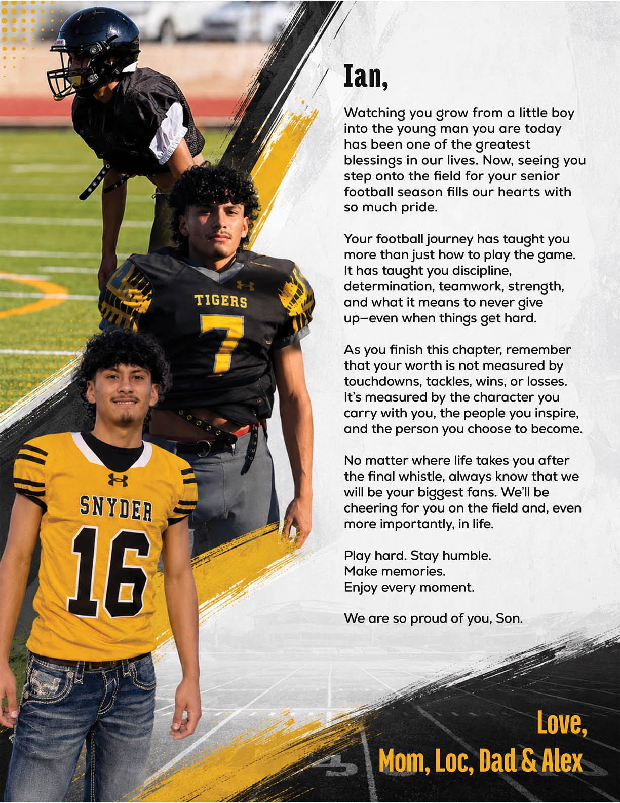 Three people wearing football jerseys pose next to a heartfelt letter expressing pride and encouragement for a senior football player named Ian. Description generated by AI