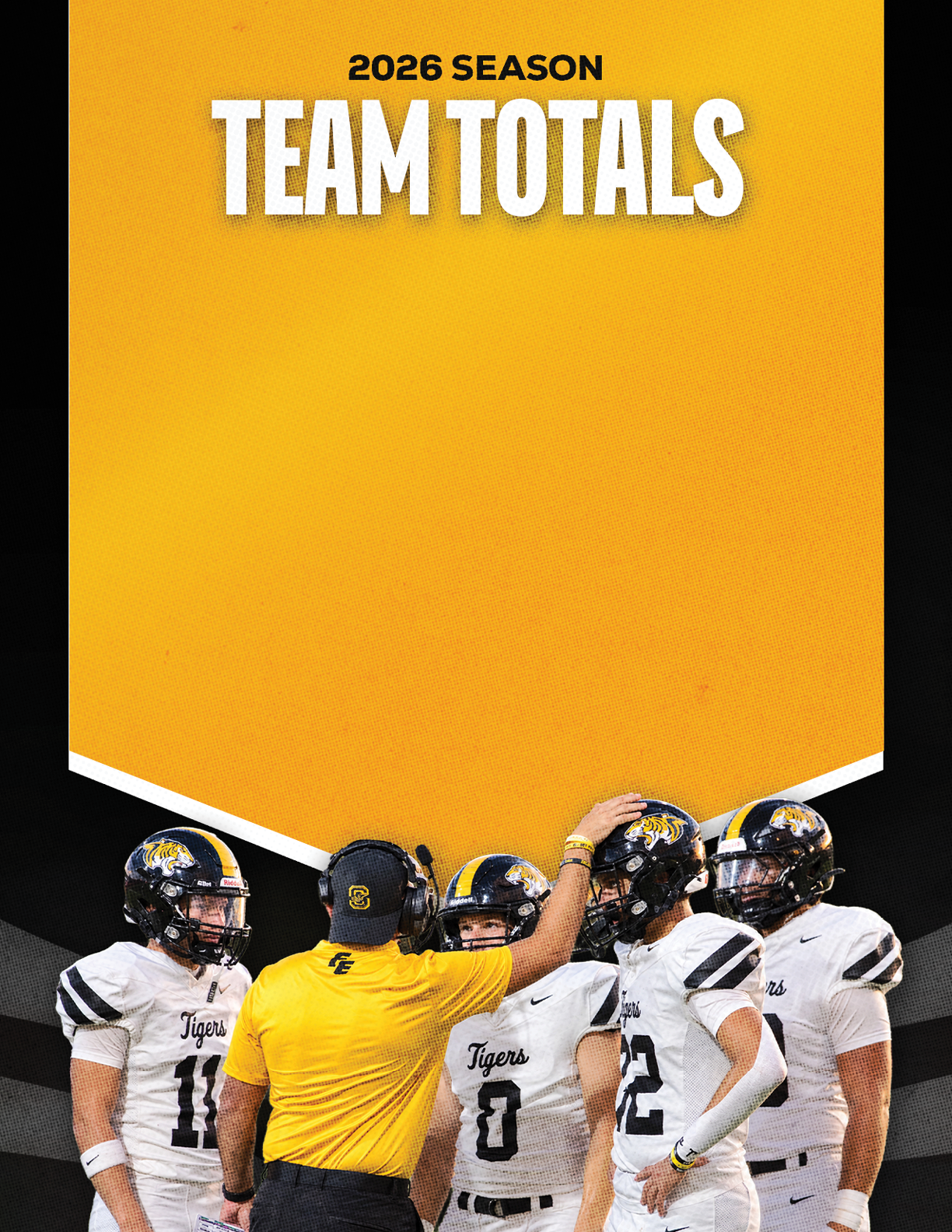 A group of people in football uniforms are lined up in a crouched position on a field under a yellow banner that reads 2026 season team totals. Description generated by AI