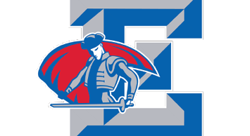 A stylized figure wearing armor and holding a sword is set against a geometric background with red, blue, and gray shapes. Description generated by AI
