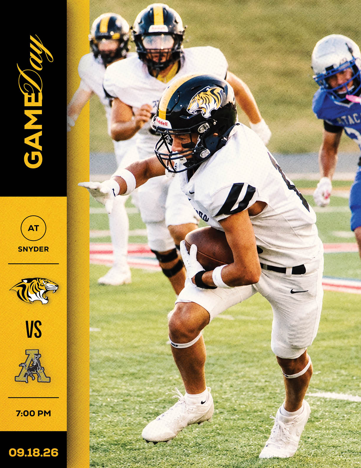 A person in a white football uniform with a tiger logo on the helmet is running with the ball on a field while other players in white and blue uniforms are in the background, alongside a graphic showing a game day matchup between Snyder and another team. Description generated by AI