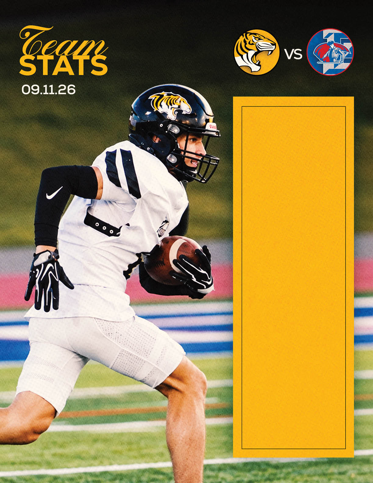 An adult wearing a white football uniform with black and gold accents is running on a field while holding a football, with team logos and a yellow stats box displayed in the background. Description generated by AI
