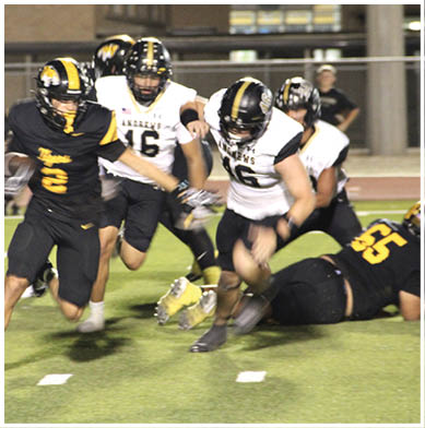 Several people wearing football uniforms are actively running and competing on a grassy field during a game. Description generated by AI