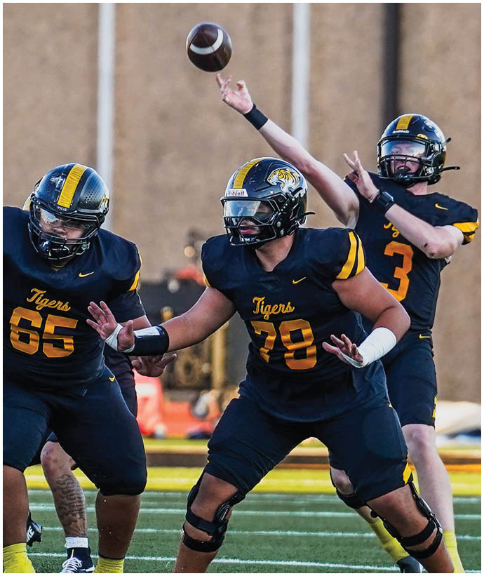 Three football players in black and yellow uniforms are on a field with one player throwing a football while the others prepare to block. Description generated by AI