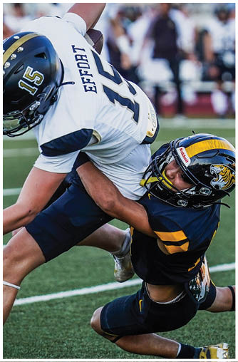 Two people in football uniforms and helmets are engaged in a tackle on a grassy field during a game. Description generated by AI