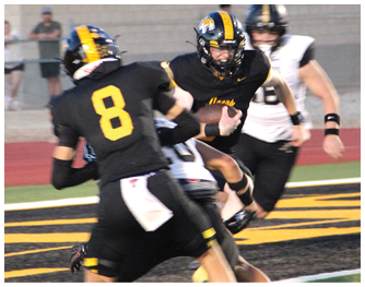 Two people in black and yellow football uniforms are actively playing on a field with one person holding the ball and another wearing number 8 nearby. Description generated by AI