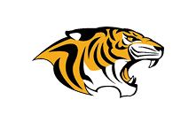 A stylized roaring tiger head in orange, black, and white with sharp teeth and bold stripes on a black background. Description generated by AI