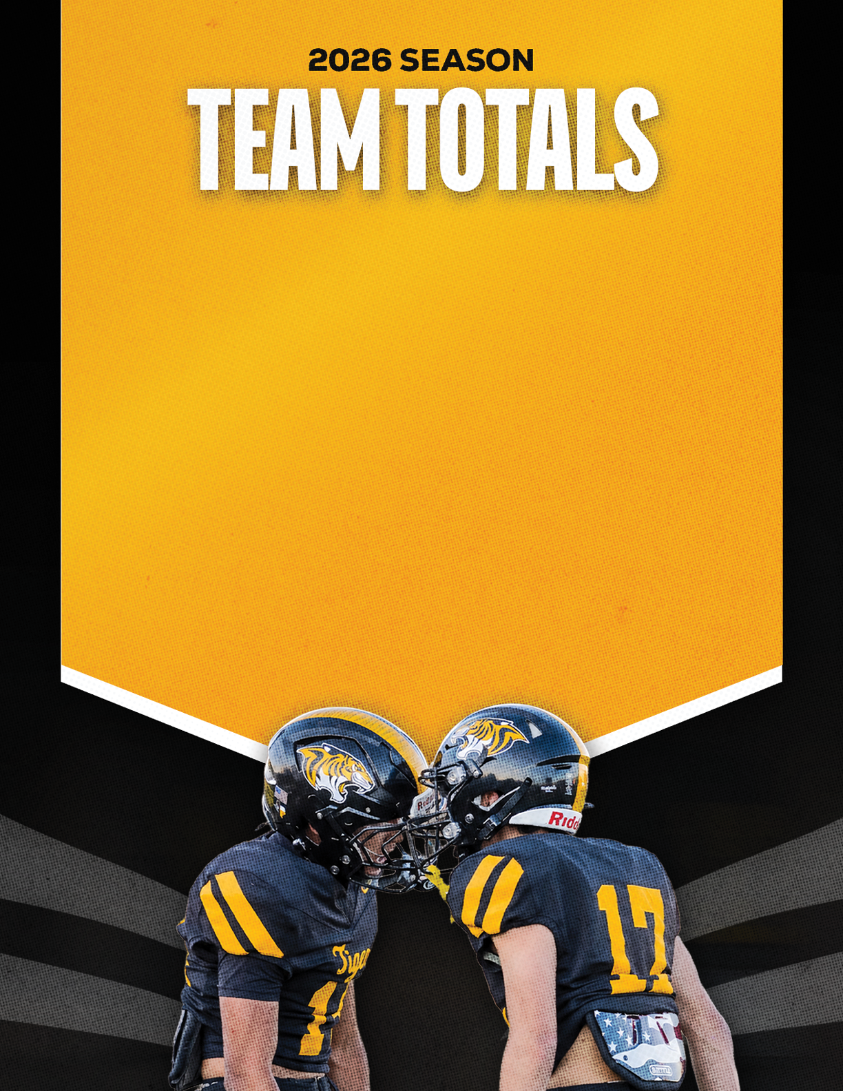 Two people in black and yellow football uniforms with helmets are standing close together facing each other under a yellow banner that reads 2026 season team totals. Description generated by AI