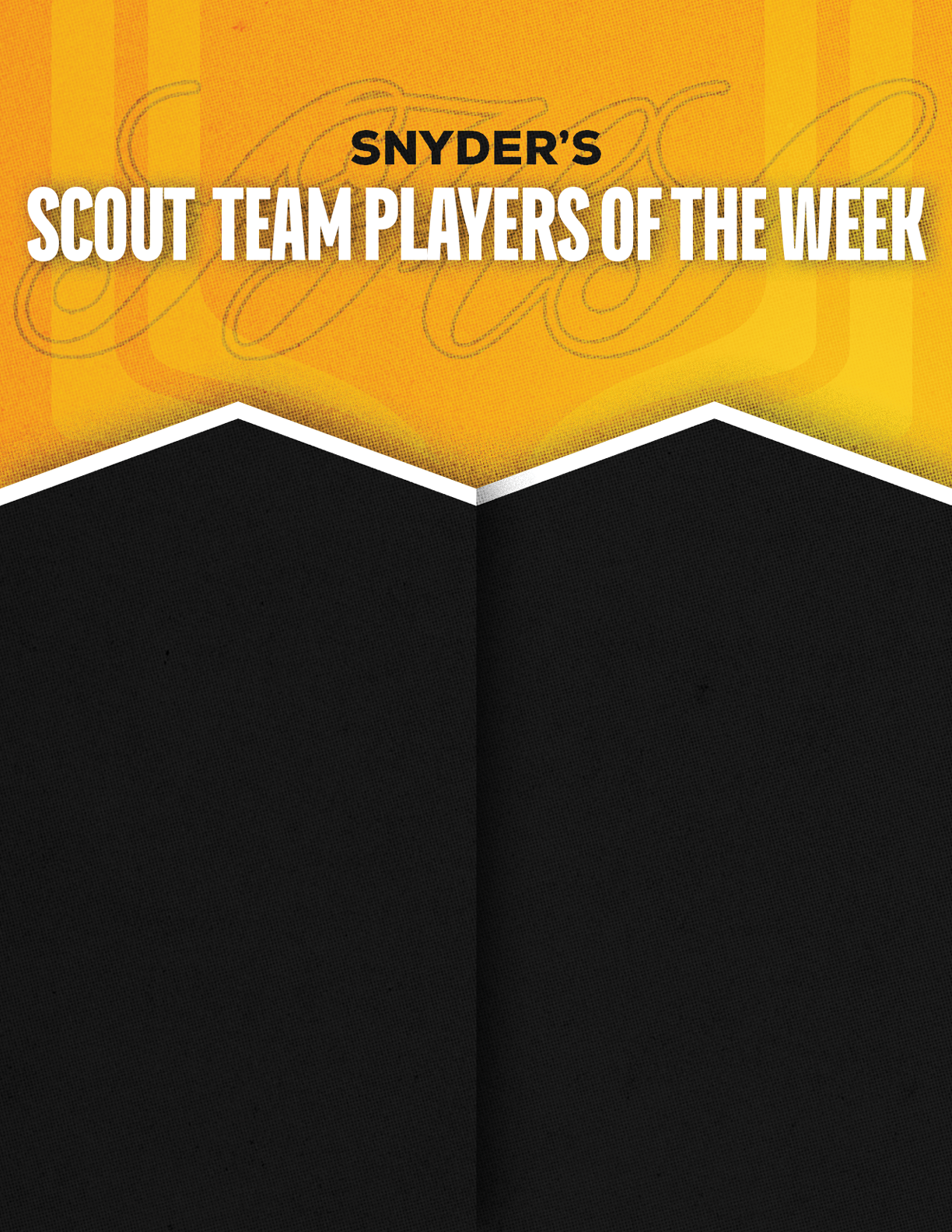 Bold text on a yellow and black background announces Snyder's Scout Team Players of the Week. Description generated by AI