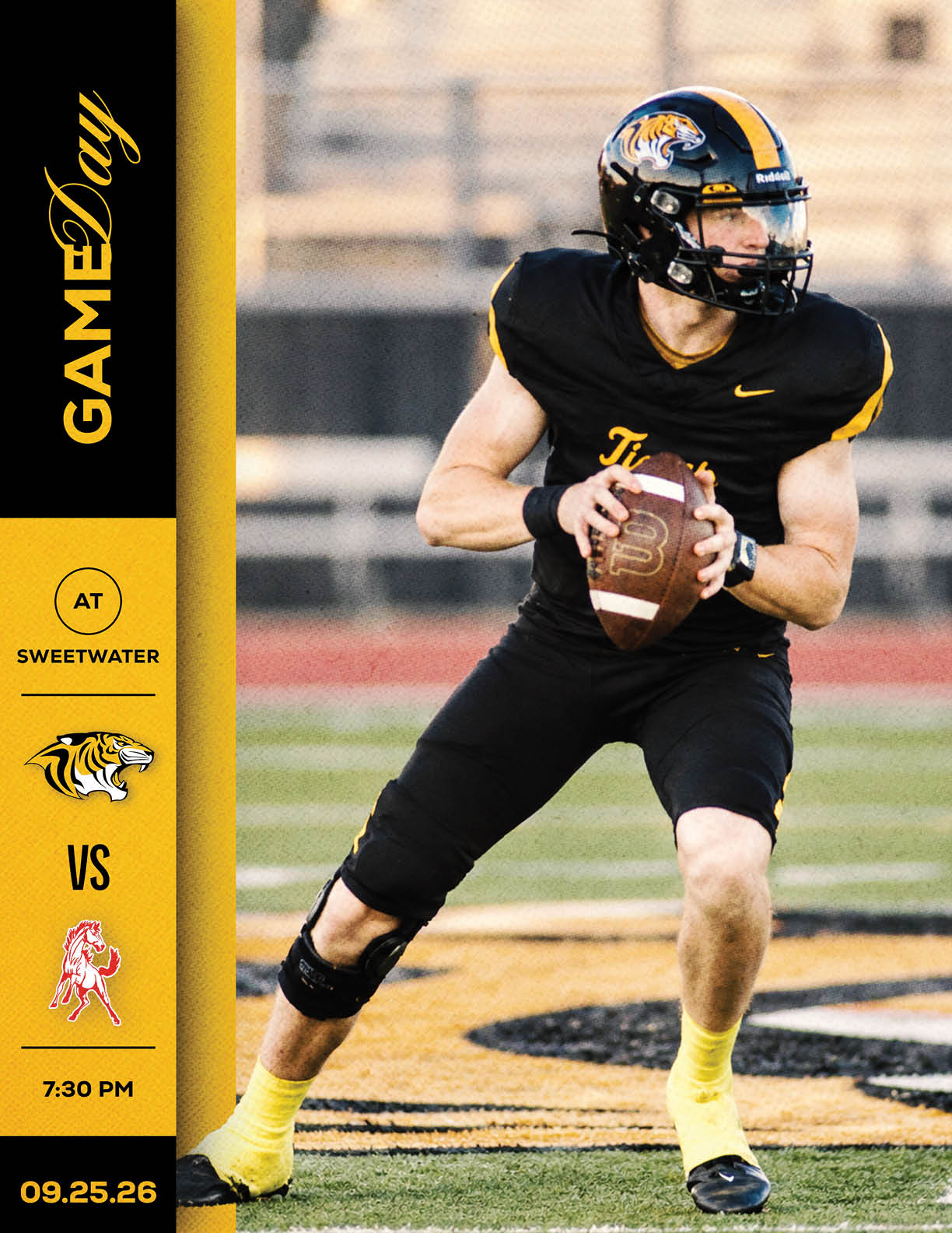 A person in a black and yellow football uniform is holding a football and preparing to throw it on a field with a game announcement for a matchup at Sweetwater. Description generated by AI