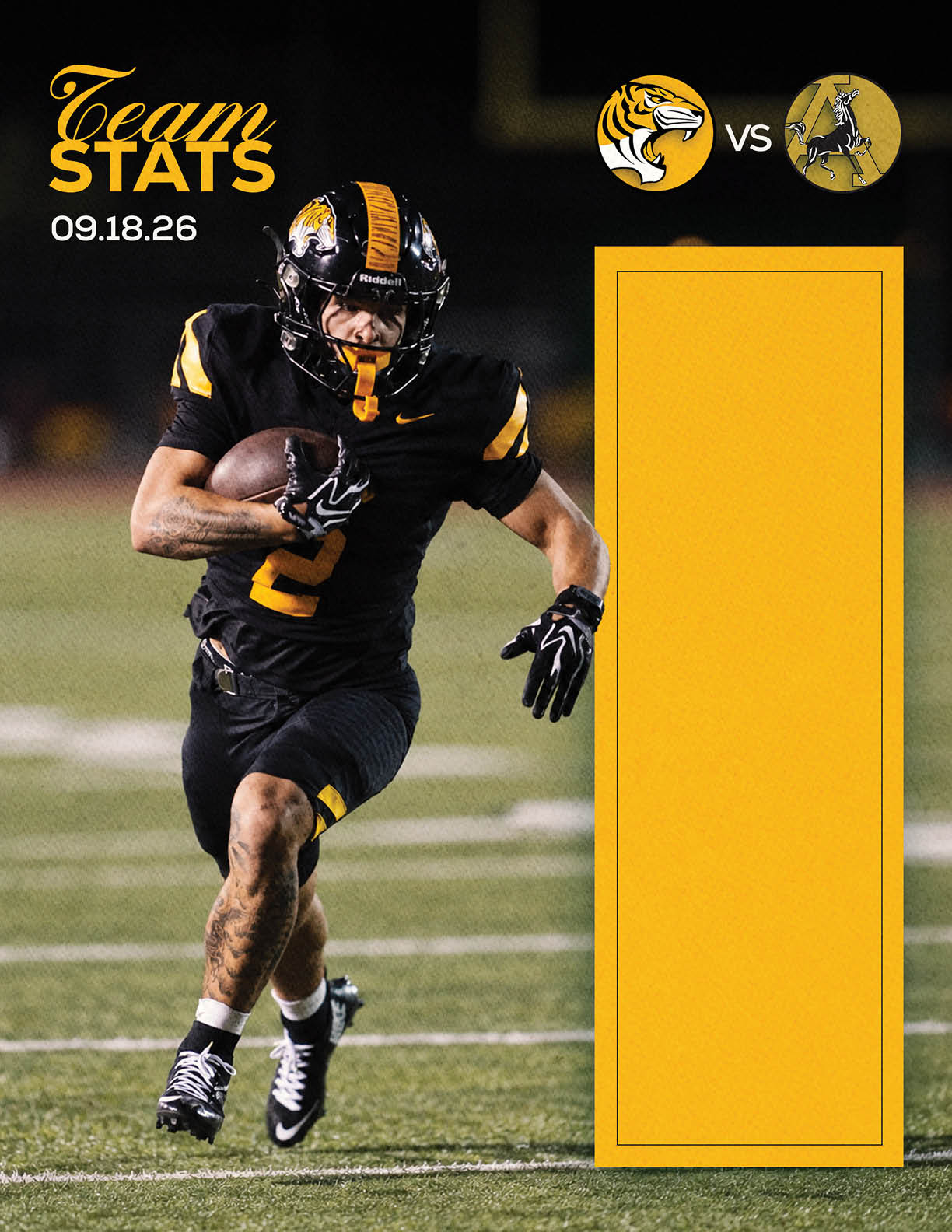 An adult athlete in a black and yellow football uniform is running on a field while holding a football, with team logos and the date 09.18.26 displayed in the background. Description generated by AI