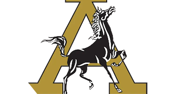 A stylized black horse with white highlights is rearing up in front of a large gold letter A. Description generated by AI