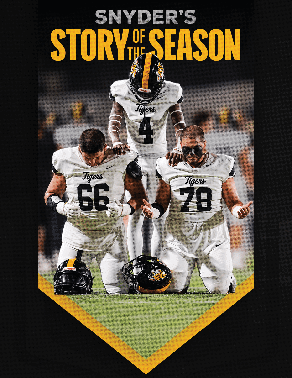 Three football players in white uniforms with “Tigers" on the chest are kneeling on a field with two helmets placed in front of them while one player stands behind with hands on their shoulders, under the text "Snyder's Story of the Season." Description generated by AI
