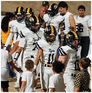 A group of football players in white uniforms with black and yellow helmets are interacting with children wearing casual clothing in an outdoor setting. Description generated by AI