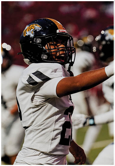 A person wearing a white football uniform and a black helmet with a tiger logo is raising one arm on a football field with other players in the background. Description generated by AI