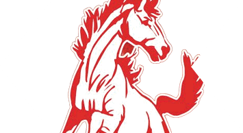 A stylized red and white illustration of a horse in a dynamic, rearing pose. Description generated by AI