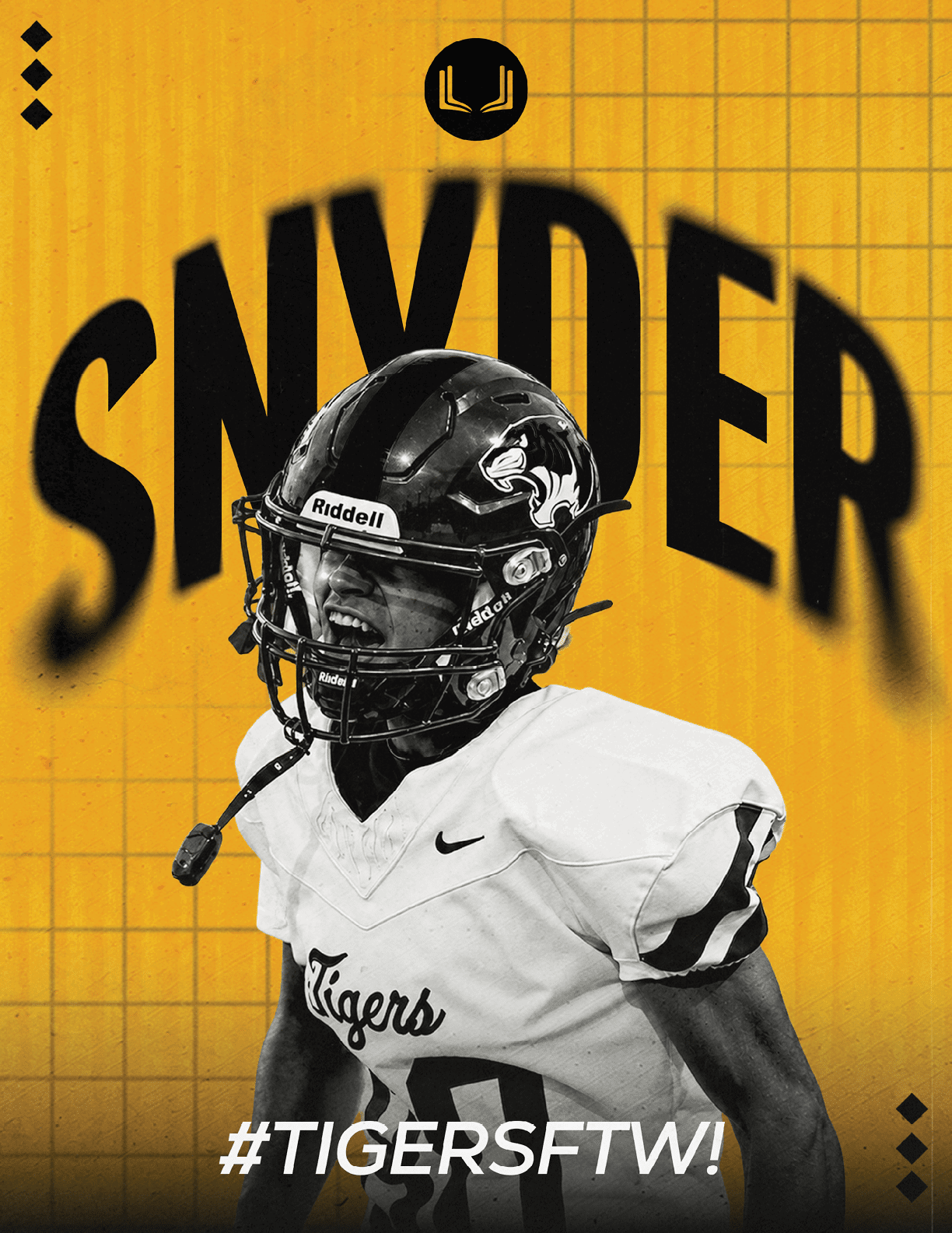 A person wearing a football helmet and white jersey with “Tigers" written on it stands in front of a yellow grid background with the word "SNYDER" and the hashtag "#TIGERSFTW!" displayed. Description generated by AI