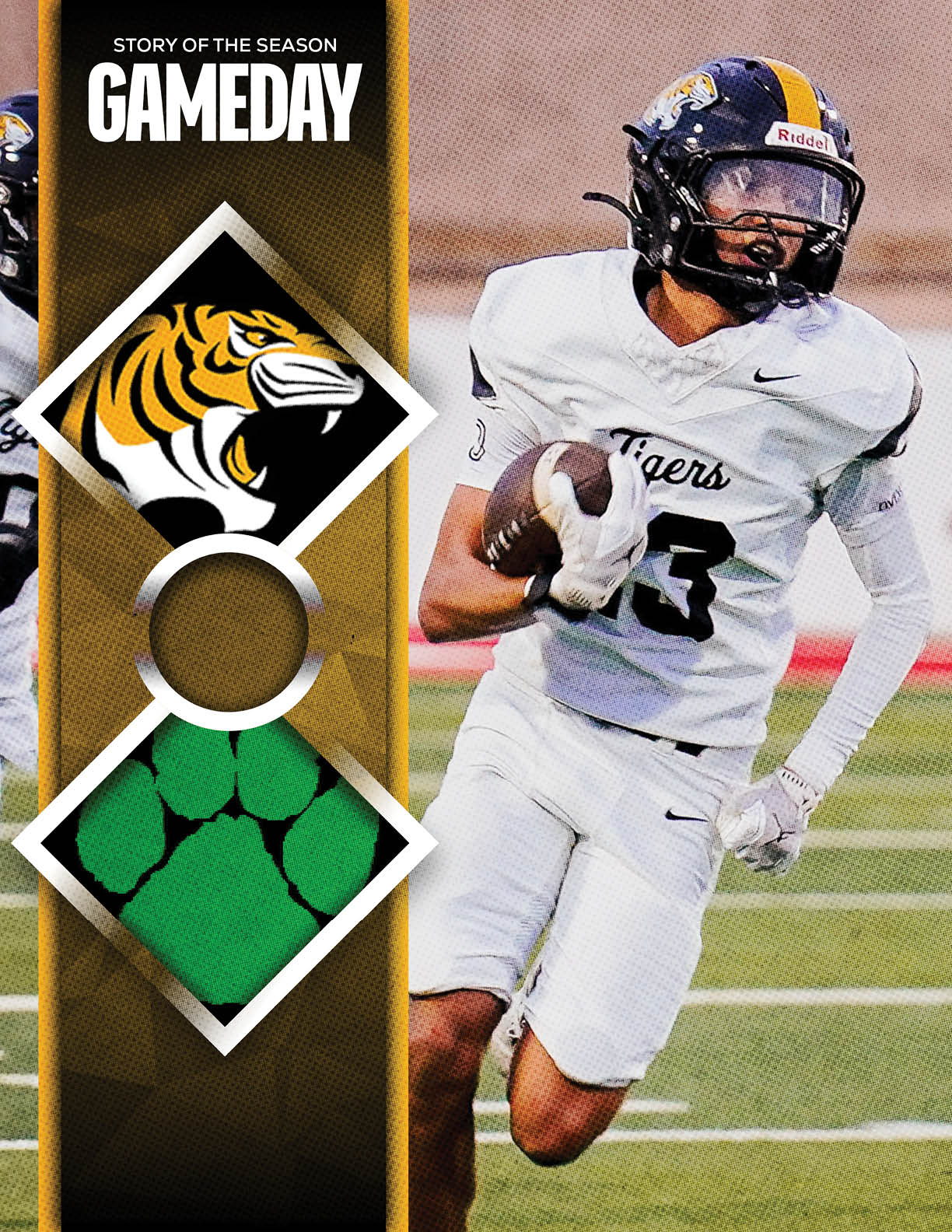 A person in a white football uniform with a helmet is running on a field while holding a football, with a graphic overlay on the left side featuring a tiger logo and the text “GAMEDAY." Description generated by AI