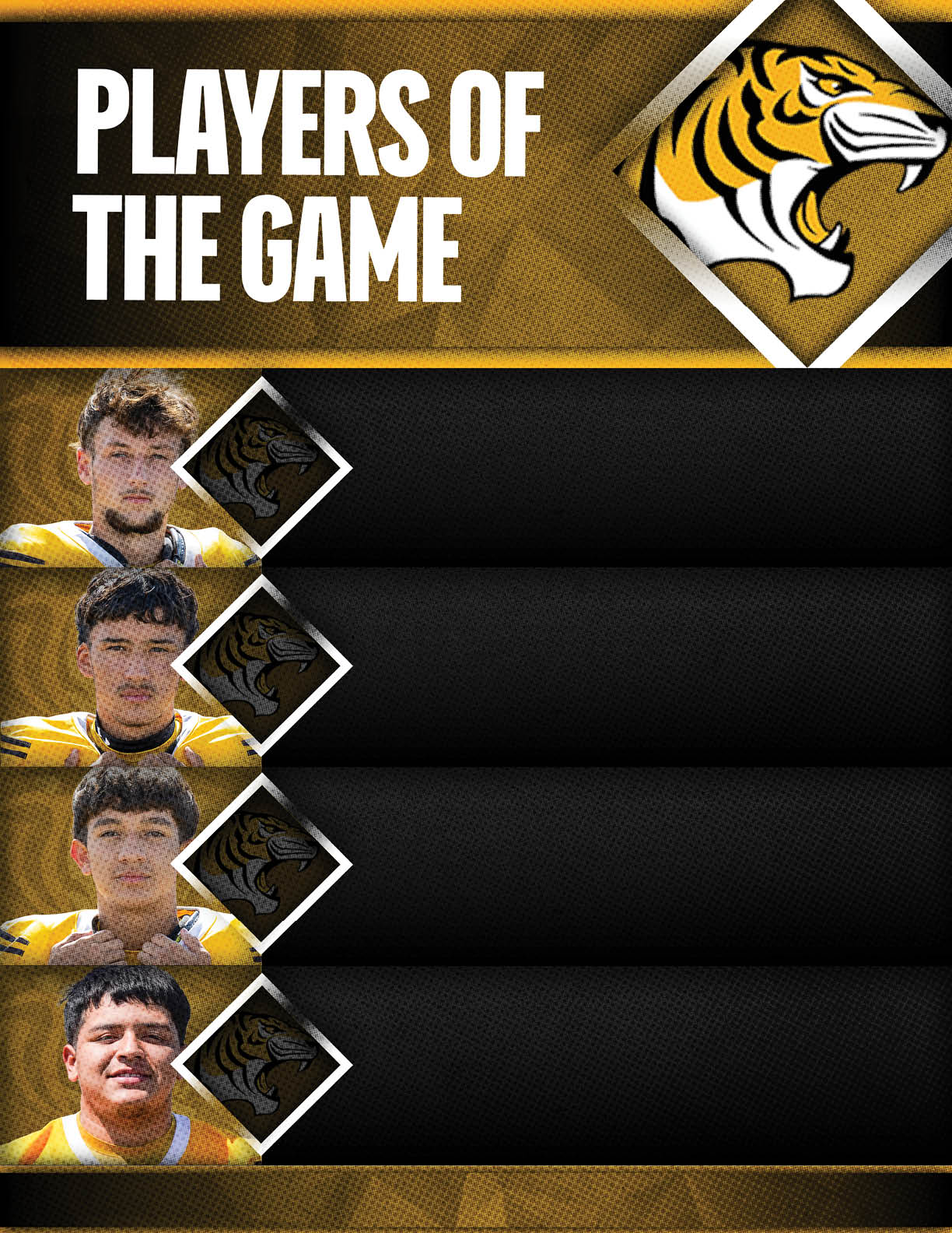 Four people wearing yellow sports jerseys are shown as players of the game with a tiger mascot logo on a textured gold and black background. Description generated by AI