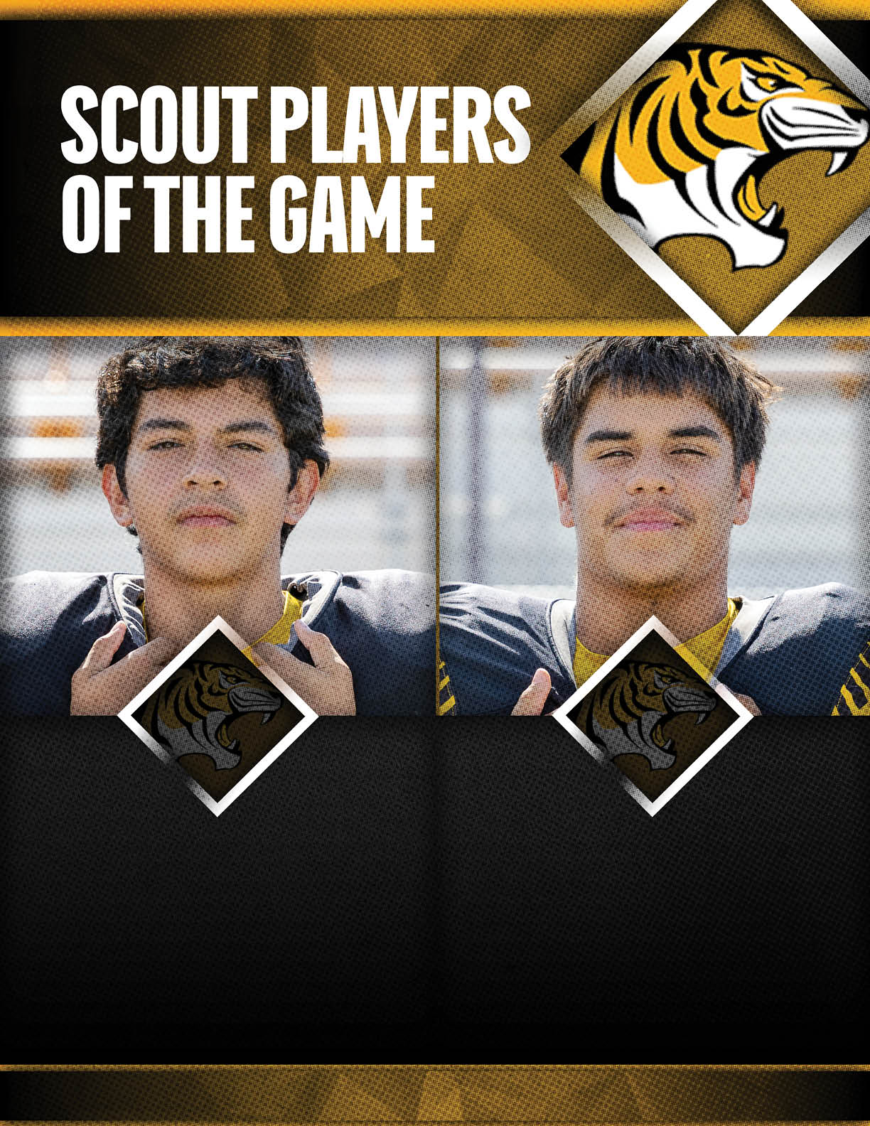 Two people wearing sports uniforms are shown under a banner that reads Scout Players of the Game with a tiger logo. Description generated by AI