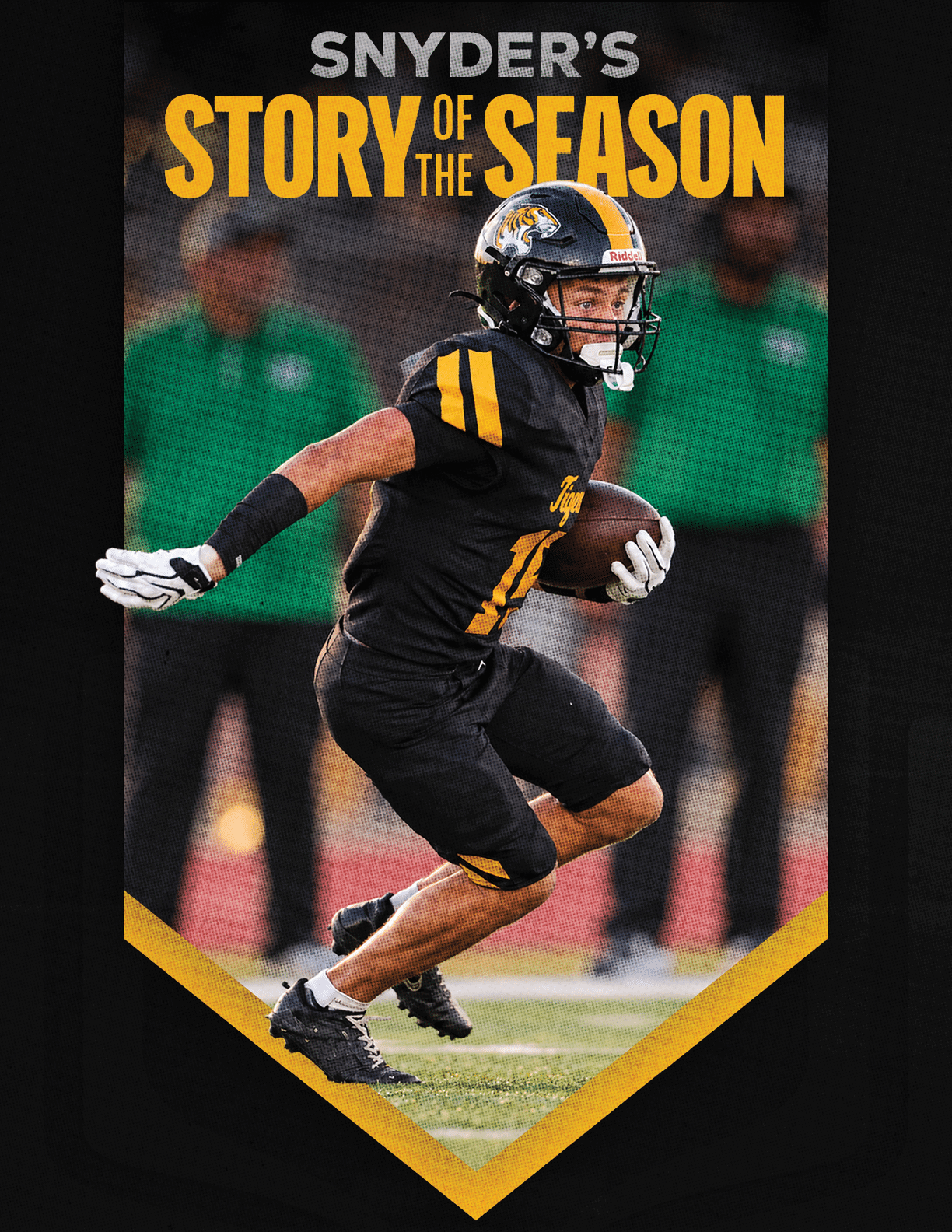 A person in a black and yellow football uniform is running on a field while holding a football, with the text “Snyder's Story of the Season" above. Description generated by AI